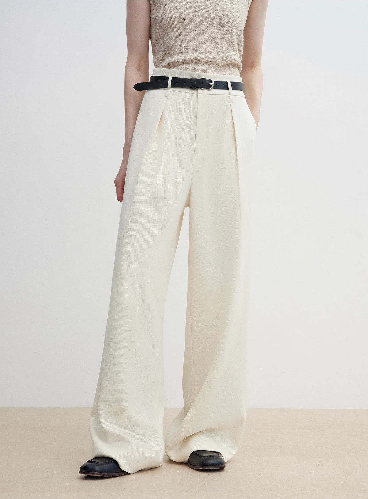 Women's white straight casual wide waist drape floor-length wide leg pants-1