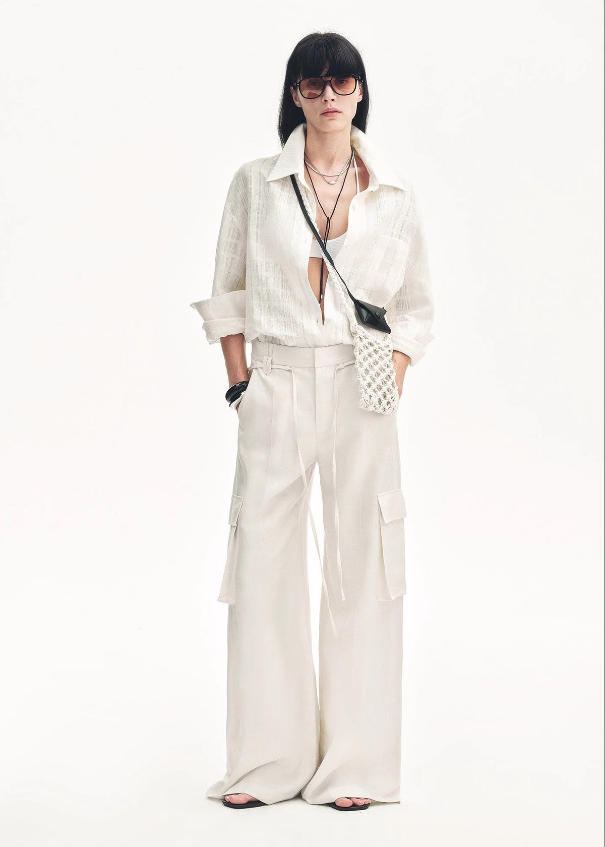 "Rhythm in the Same Frequency" Tencel linen workwear style wide-leg casual pants-0