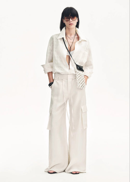 "Rhythm in the Same Frequency" Tencel linen workwear style wide-leg casual pants-0