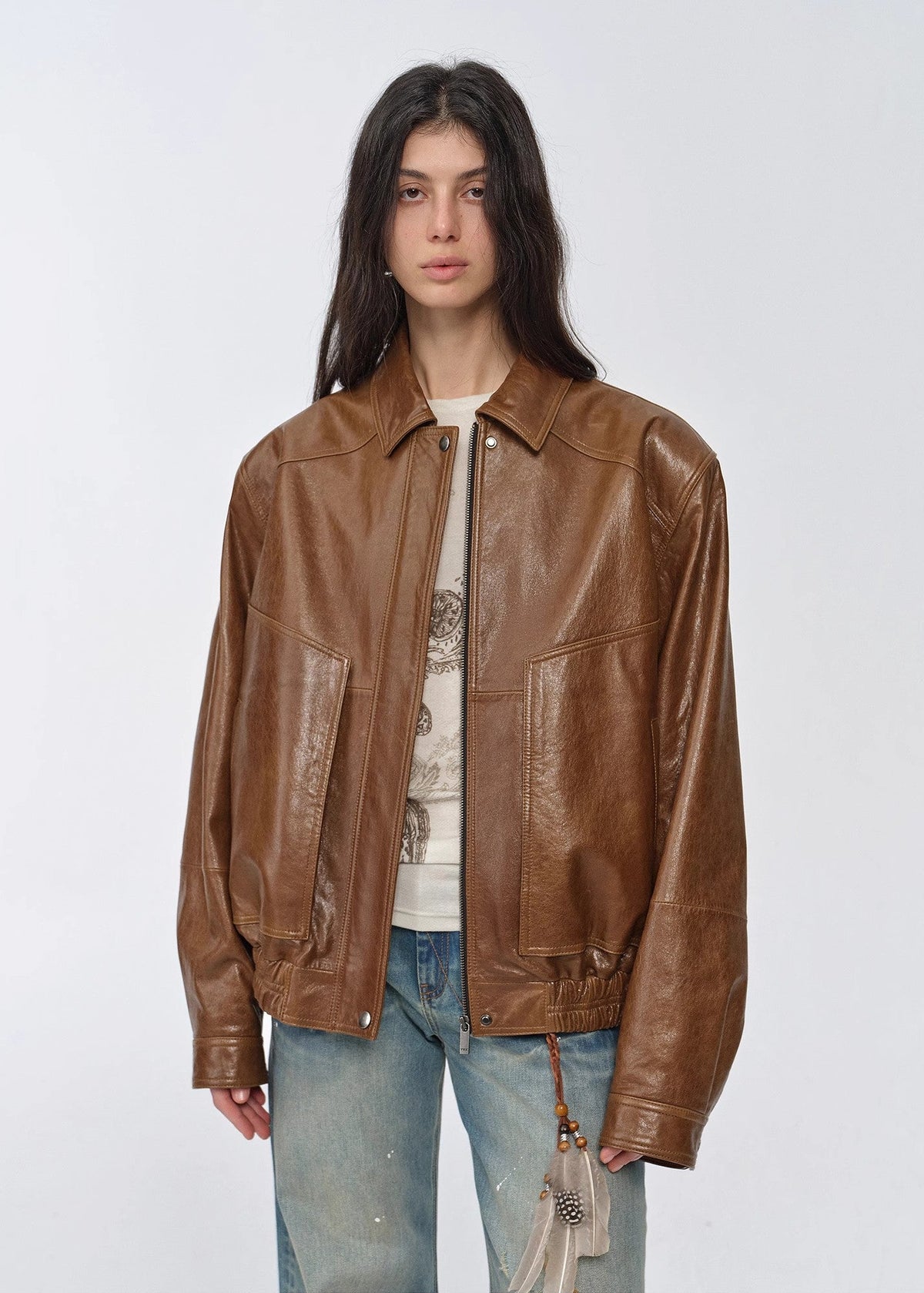 "Fashionable Luke" imported waxed sheep leather retro work jacket coat for women-4