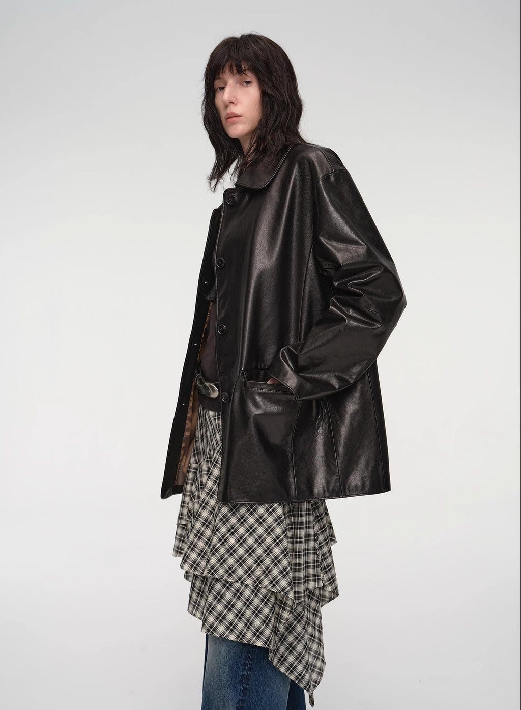 "Fashionable Kuoxi" goatskin simple and versatile retro suit-style leather windbreaker jacket-4