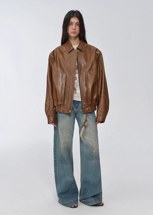 "Fashionable Luke" imported waxed sheep leather retro work jacket coat for women-0