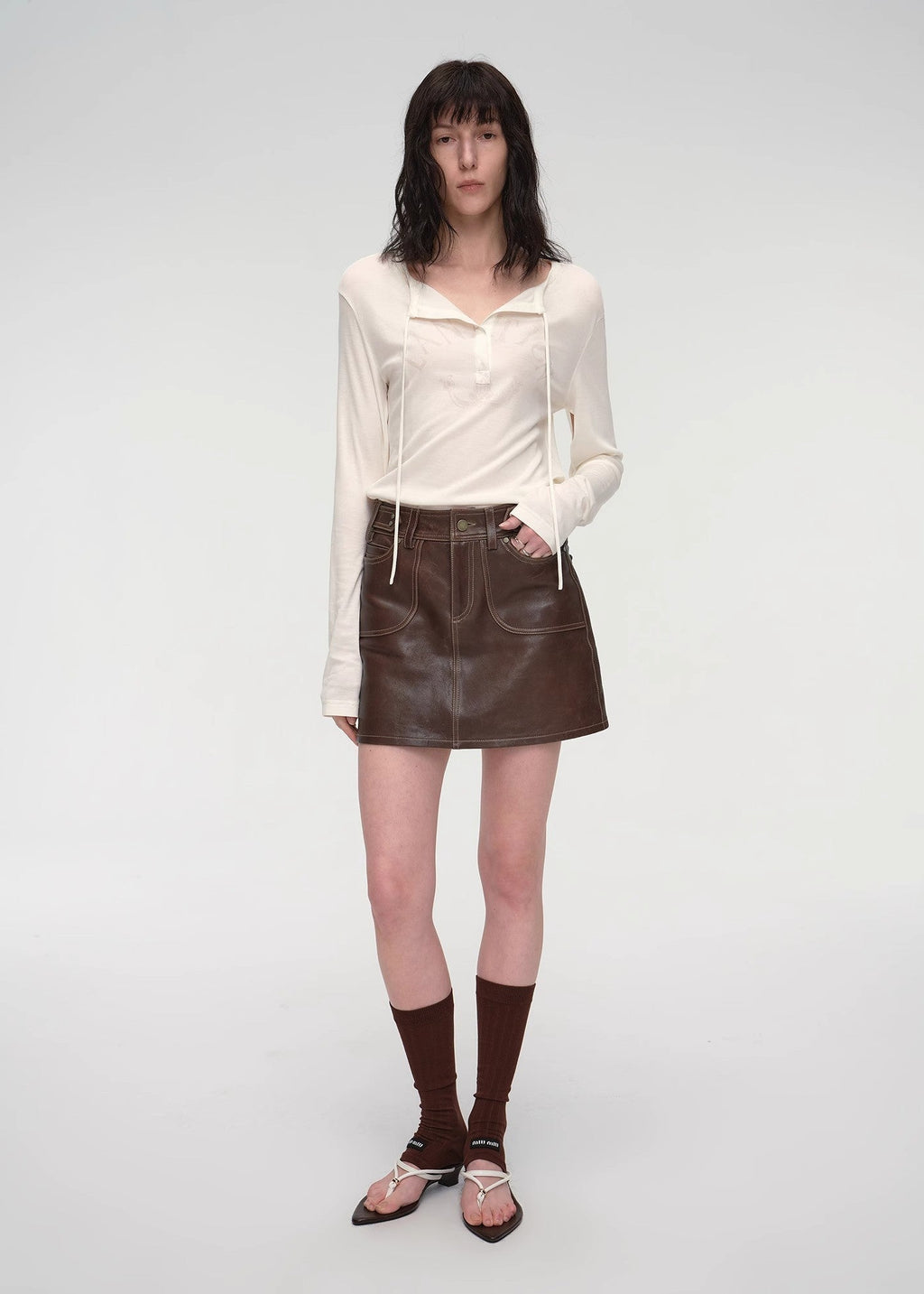 "Houston Street" New Zealand imported sheep leather vintage A-line short skirt-4
