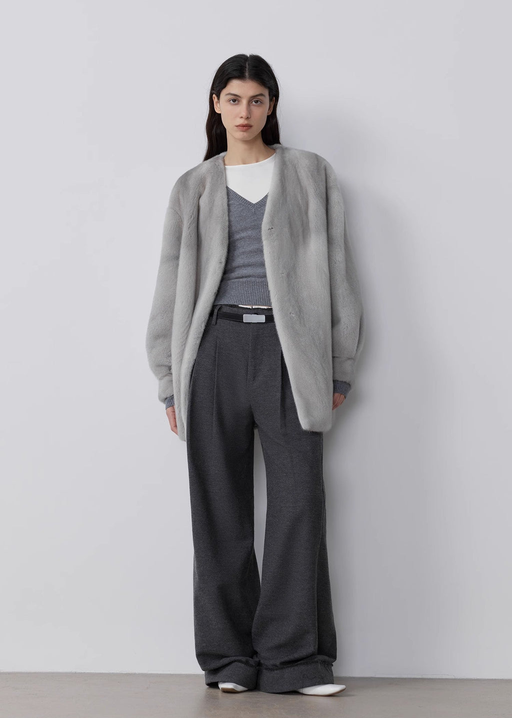 "Commuting Rules" Worsted Wool Blend Waistless Raw Edge Wide Leg Pants Slimming Scimitar Casual Pants-0