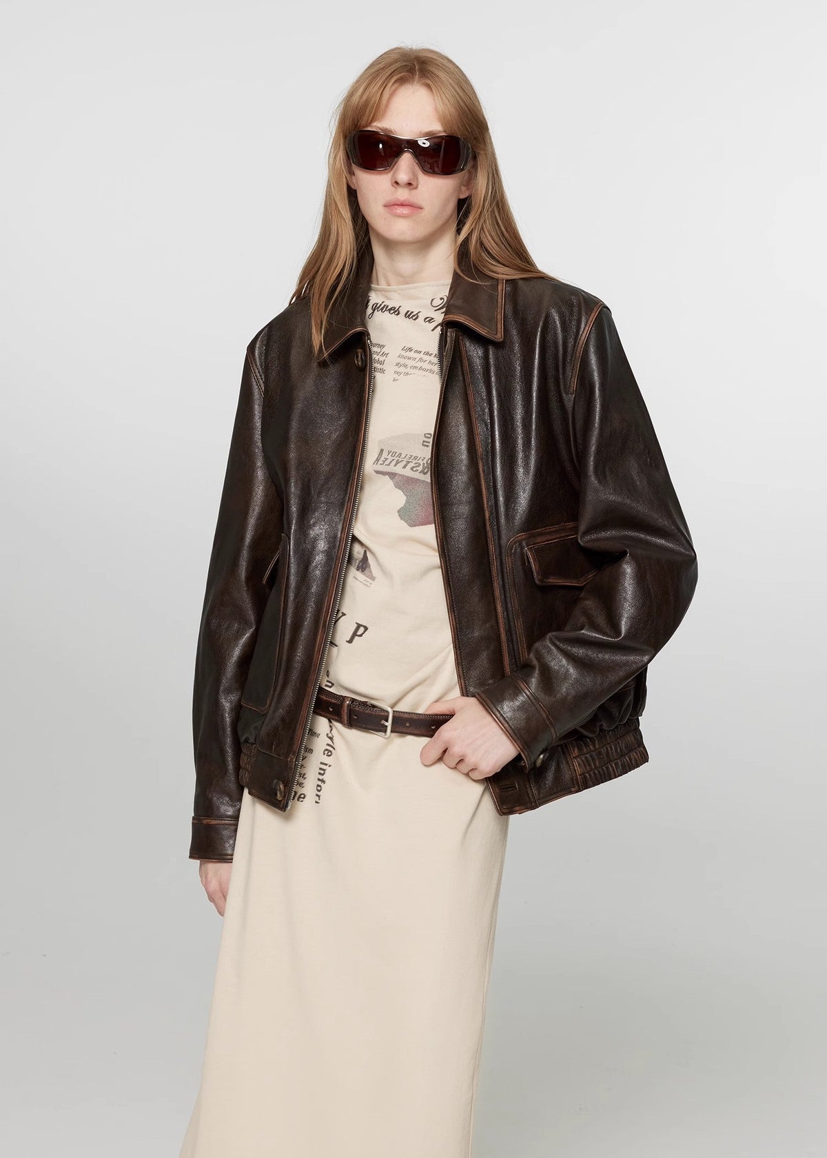 South City Old Lane Vintage Brown Aviator Leather Jacket-2