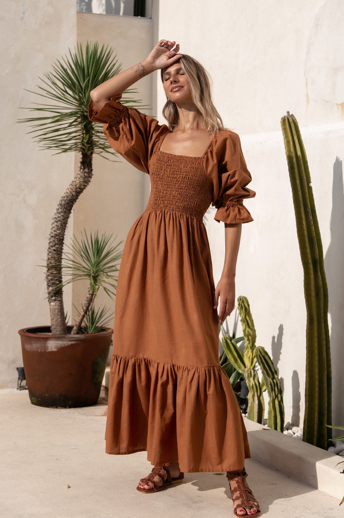 Almeria Smocked Midi Linen Dress-9