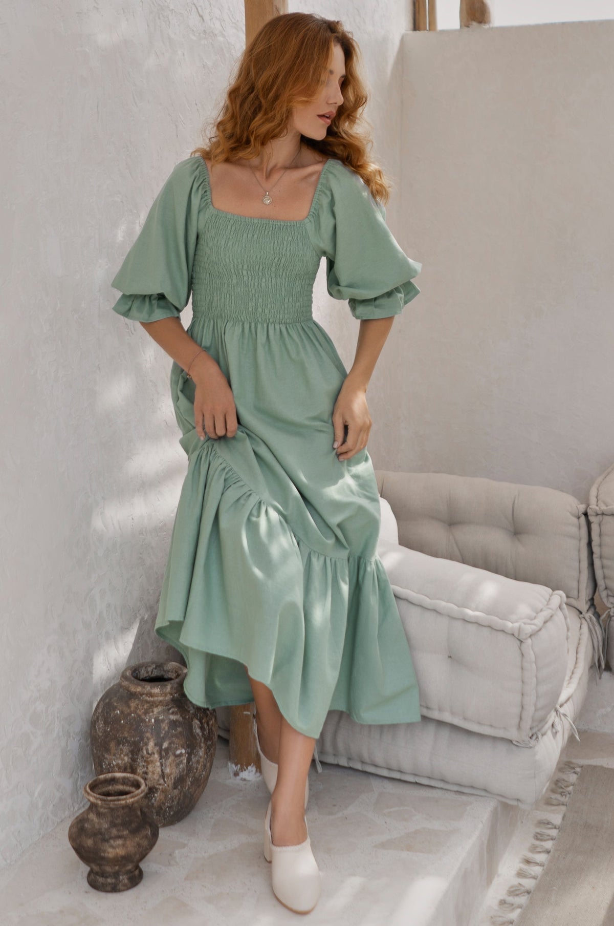 Almeria Smocked Midi Linen Dress-5