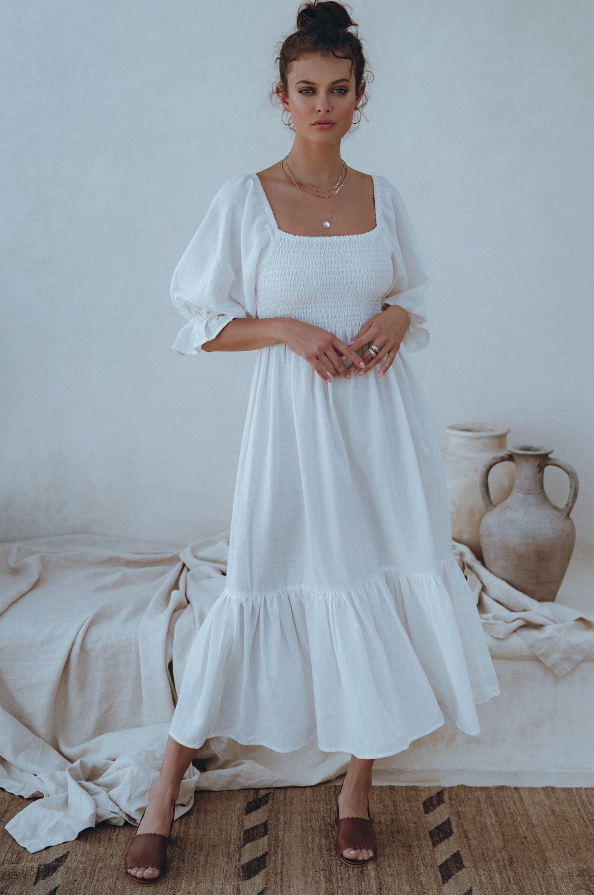 Almeria Smocked Midi Linen Dress-7