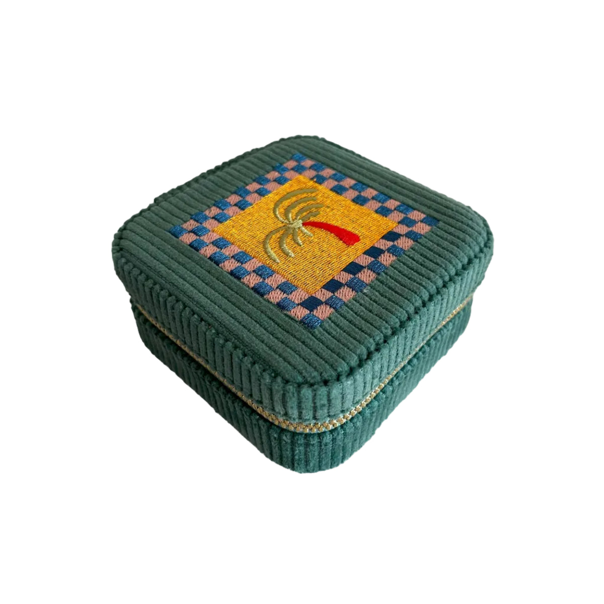 Small Corduroy Jewellery Box-Teal Check Palm-0