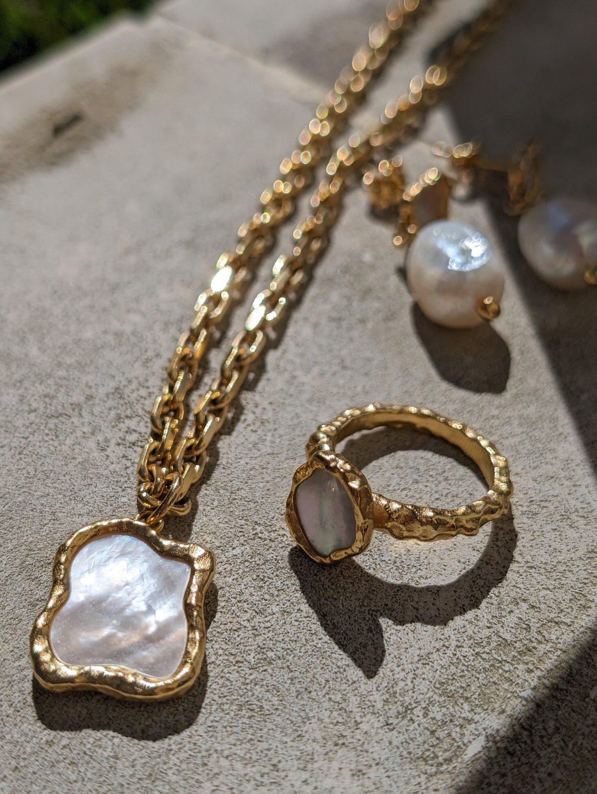 Gold Shelly Mother of Pearl Textured Bezel Necklace-1