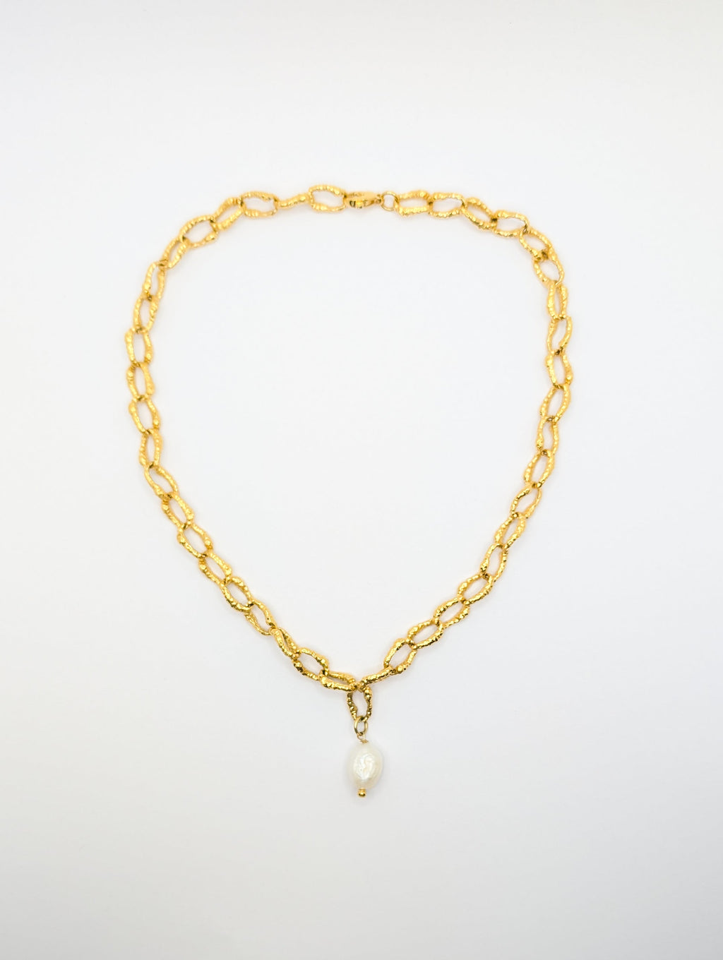 Gold Sandy Textured Chunky Chain Pearl Pendant Necklace-2
