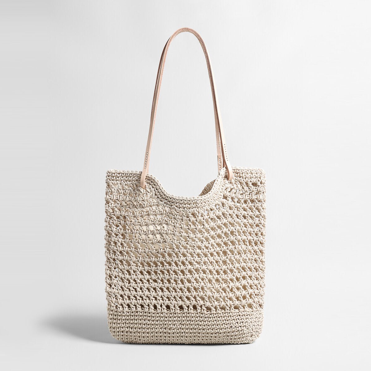 Diamond Pointelle Woven Tote Bag – Chunky Cotton Rope Beach Bag with Leather Handles-0