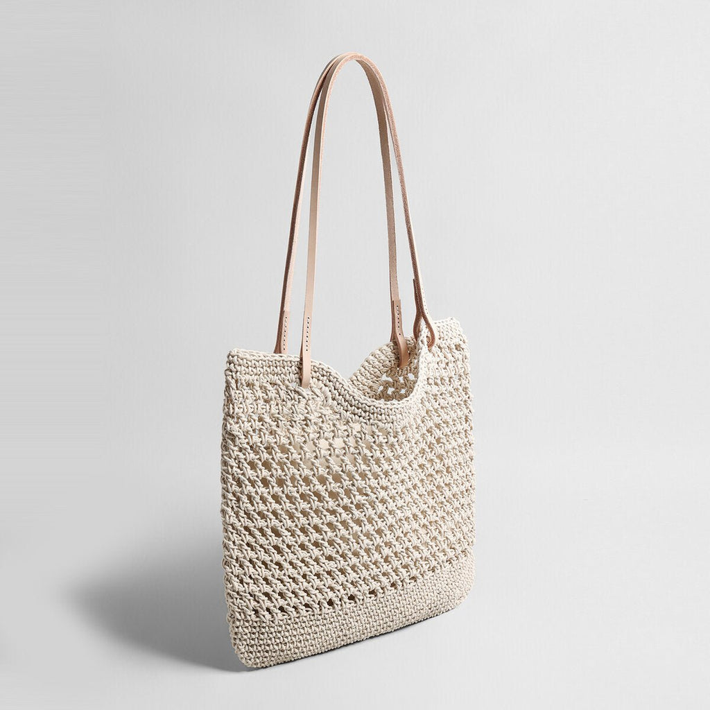 Diamond Pointelle Woven Tote Bag – Chunky Cotton Rope Beach Bag with Leather Handles-1