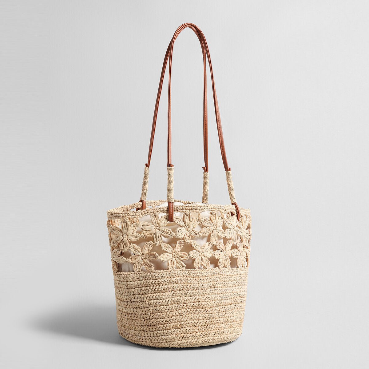Floral Crochet Woven Straw Tote Bag – Marte Grass Leather Trim Shoulder Bag-1