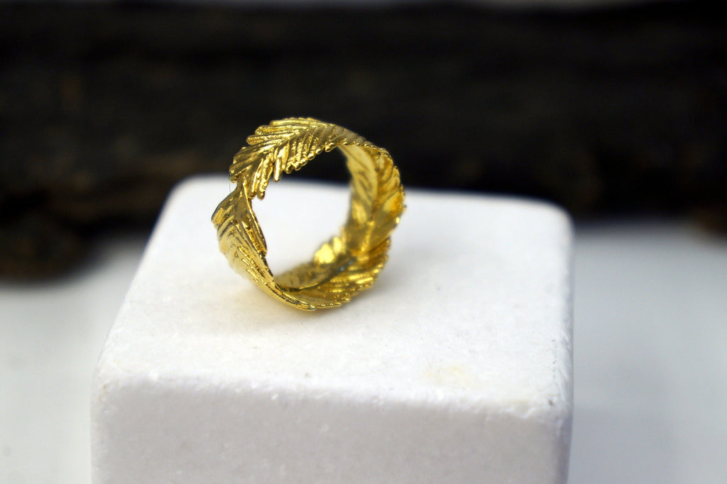 Mimosa Leaf Ring: Real Plant, 14k Gold Plated on Recycled Brass-2