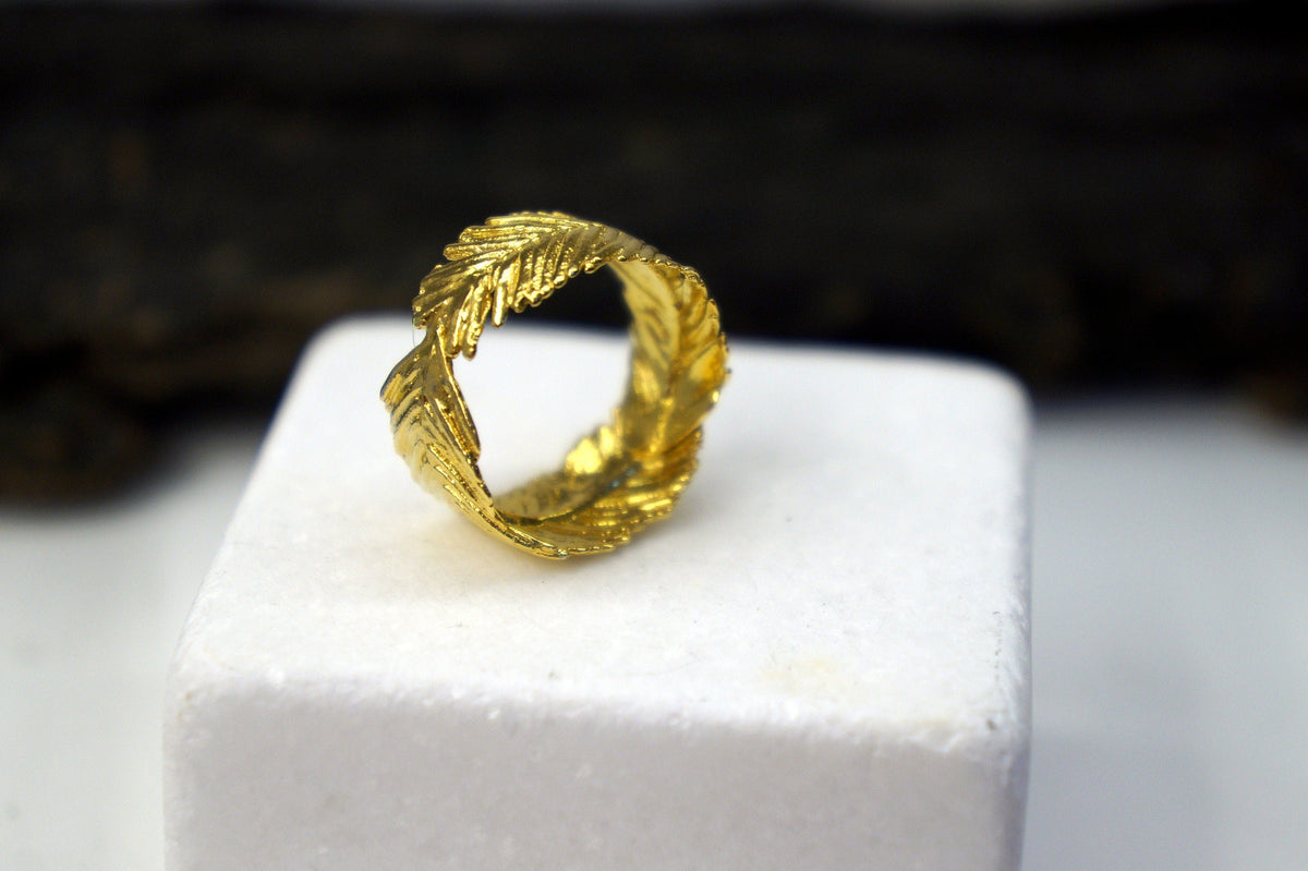 Mimosa Leaf Ring: Real Plant, 14k Gold Plated on Recycled Brass-2