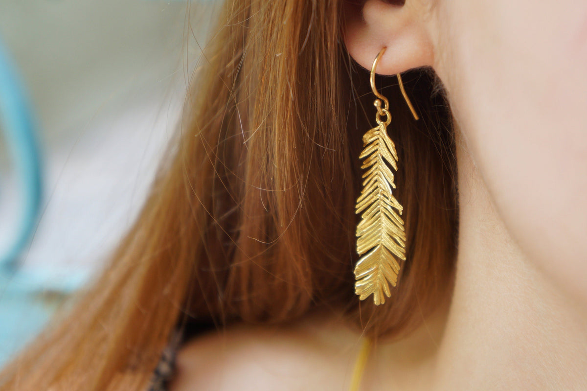 Mimosa Leaf Earrings: Handmade Nature Jewelry (Recycled Brass, 14k Gold)-0