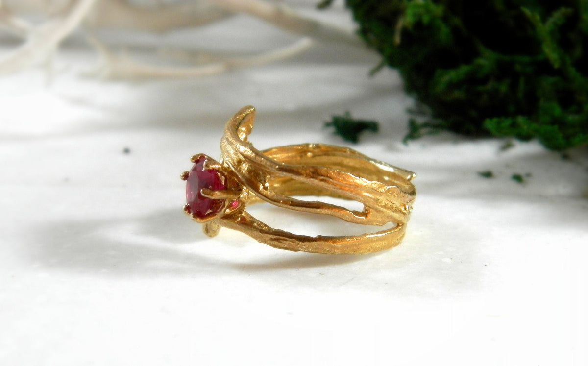 Gold Branch Ring with Lab Diamond, 14K Gold Plated Sterling Silver 925 Jewelry, Handmade Jewelry Gift for Women, Nature-Inspired Ring-3