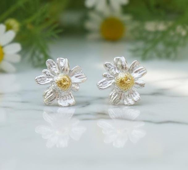 Stud Chamomile Earrings for women, 925 Sterling Silver Jewelry, Real Dainty flower - Symbolizes healing, patience, and attracting wealth-2