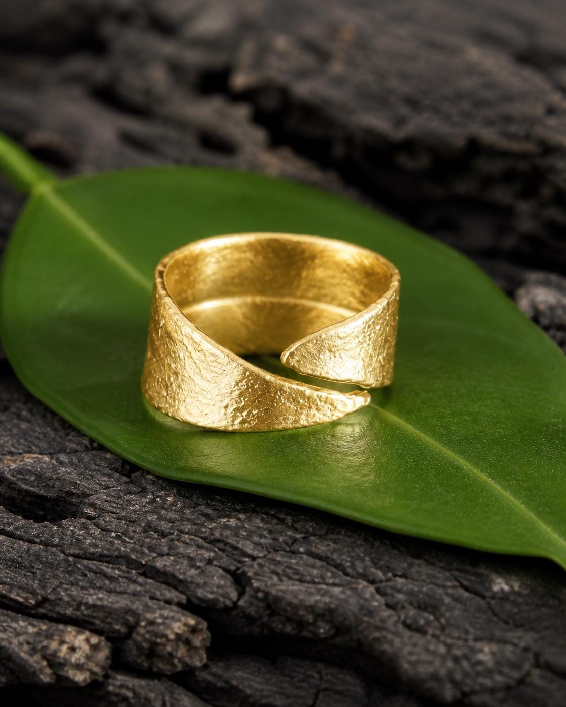 Real Olive Leaf Ring, Handmade Nature Jewelry, Organic Gold Band, Gift for Luck & Success, Eco Sustainable Brass-1