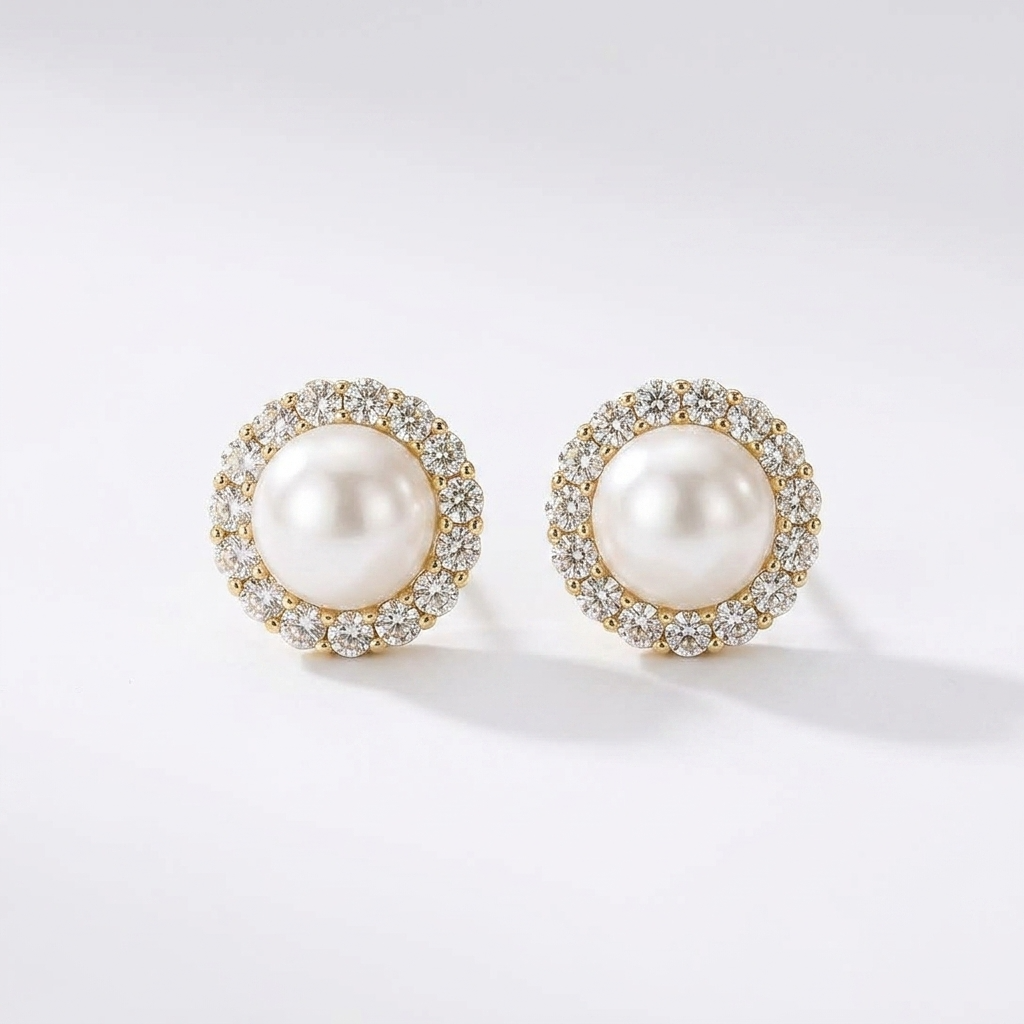Diamond Pearl Stud Earrings-4