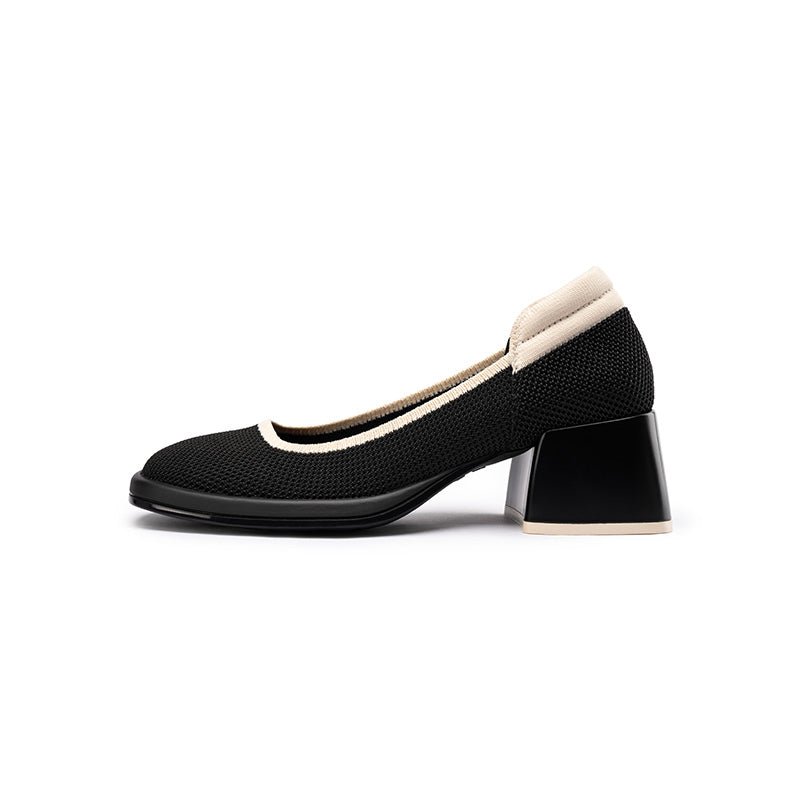 Vintage Square Toe Mary Jane Pumps – Contrast Trim Block Heel Shoes-0